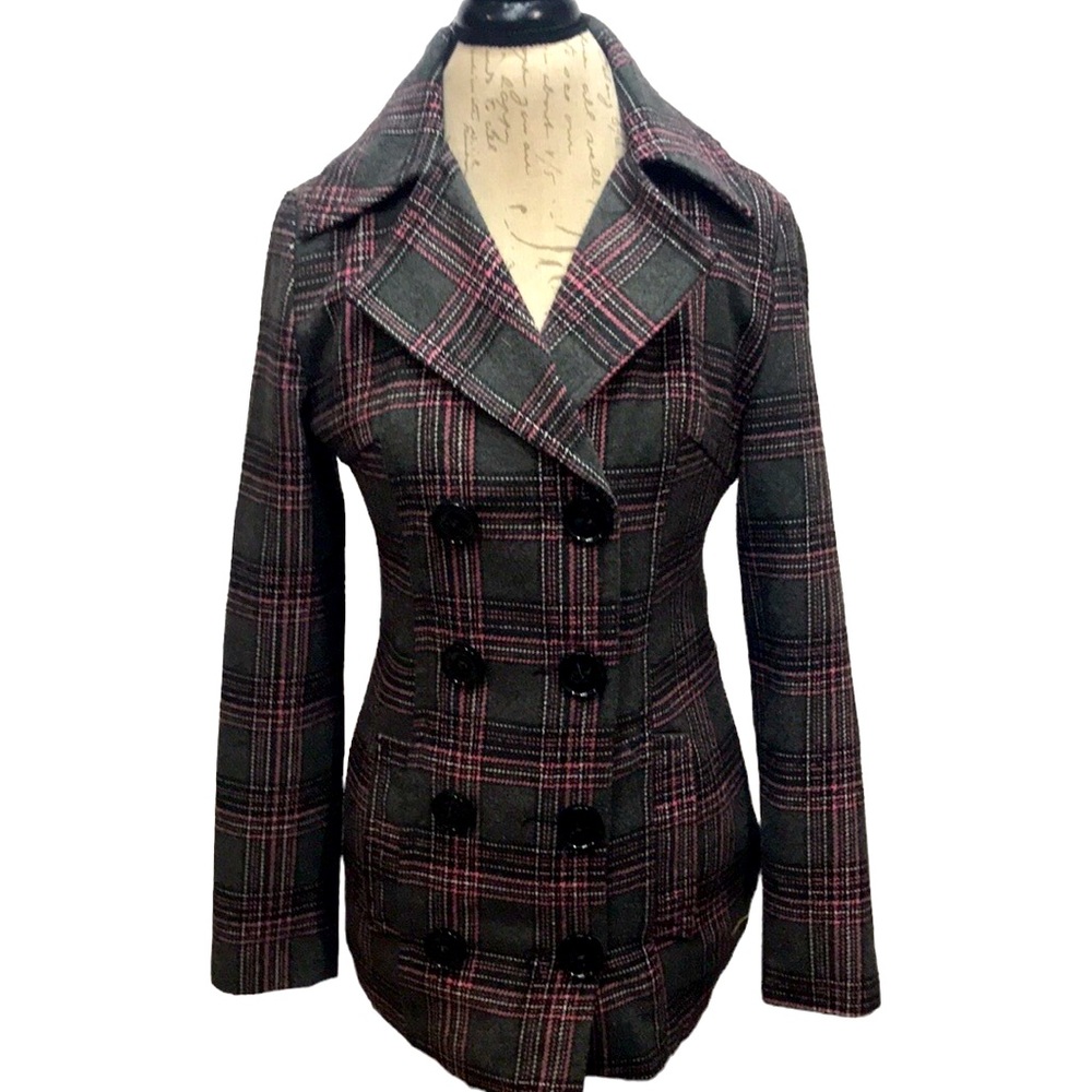 Rue21 Gray & Pink Plaid Pea Coat Size S
